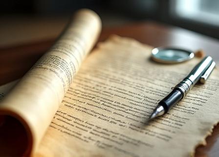 Ancient scrolls and modern legal magnifying glass